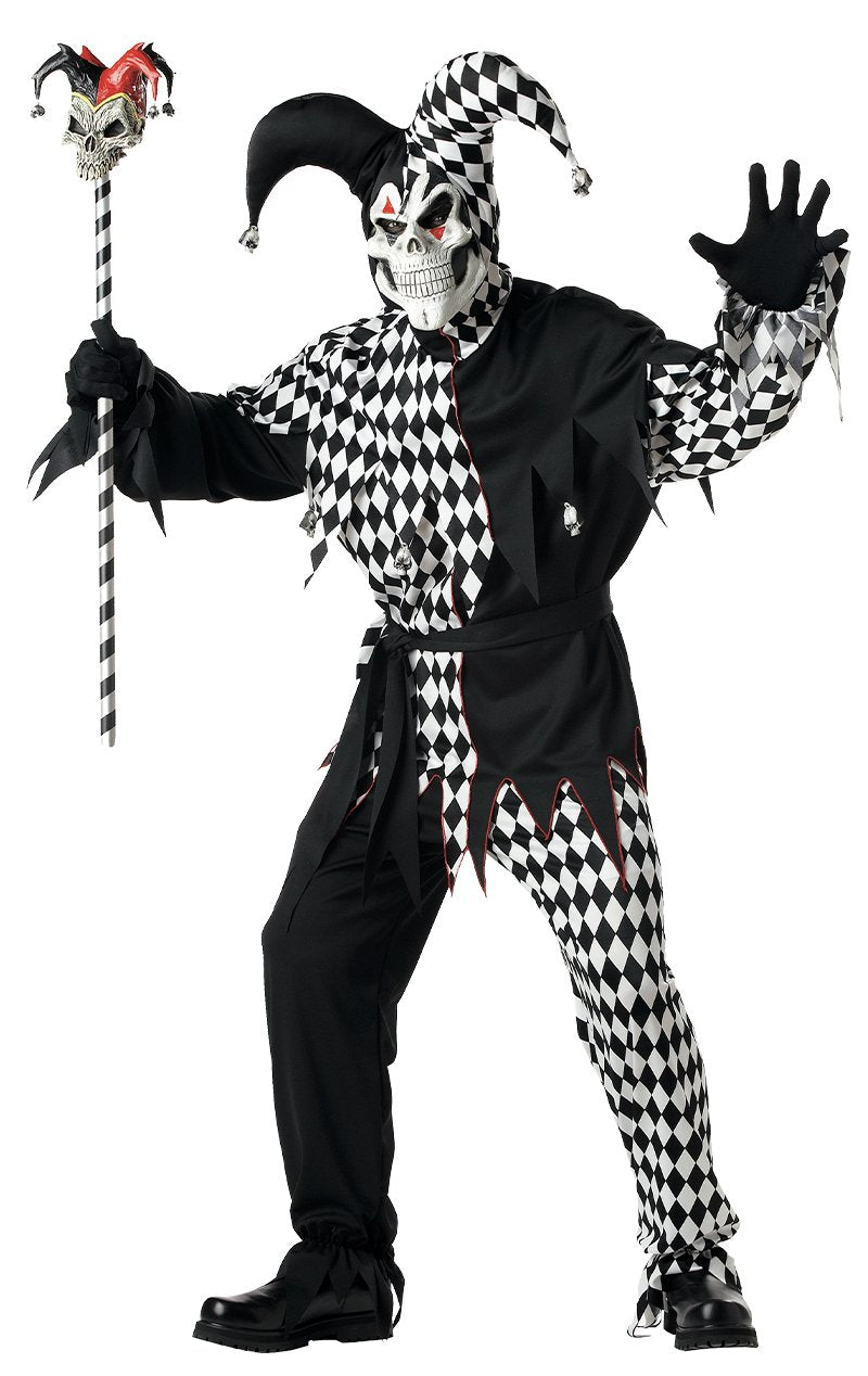 Adult Black And White Evil Jester Costume - Simply Fancy Dress