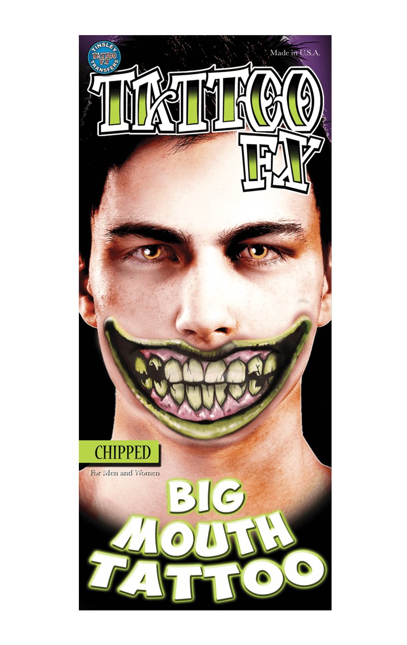 Chipped Big Mouth Temporary Tattoo - Simply Fancy Dress